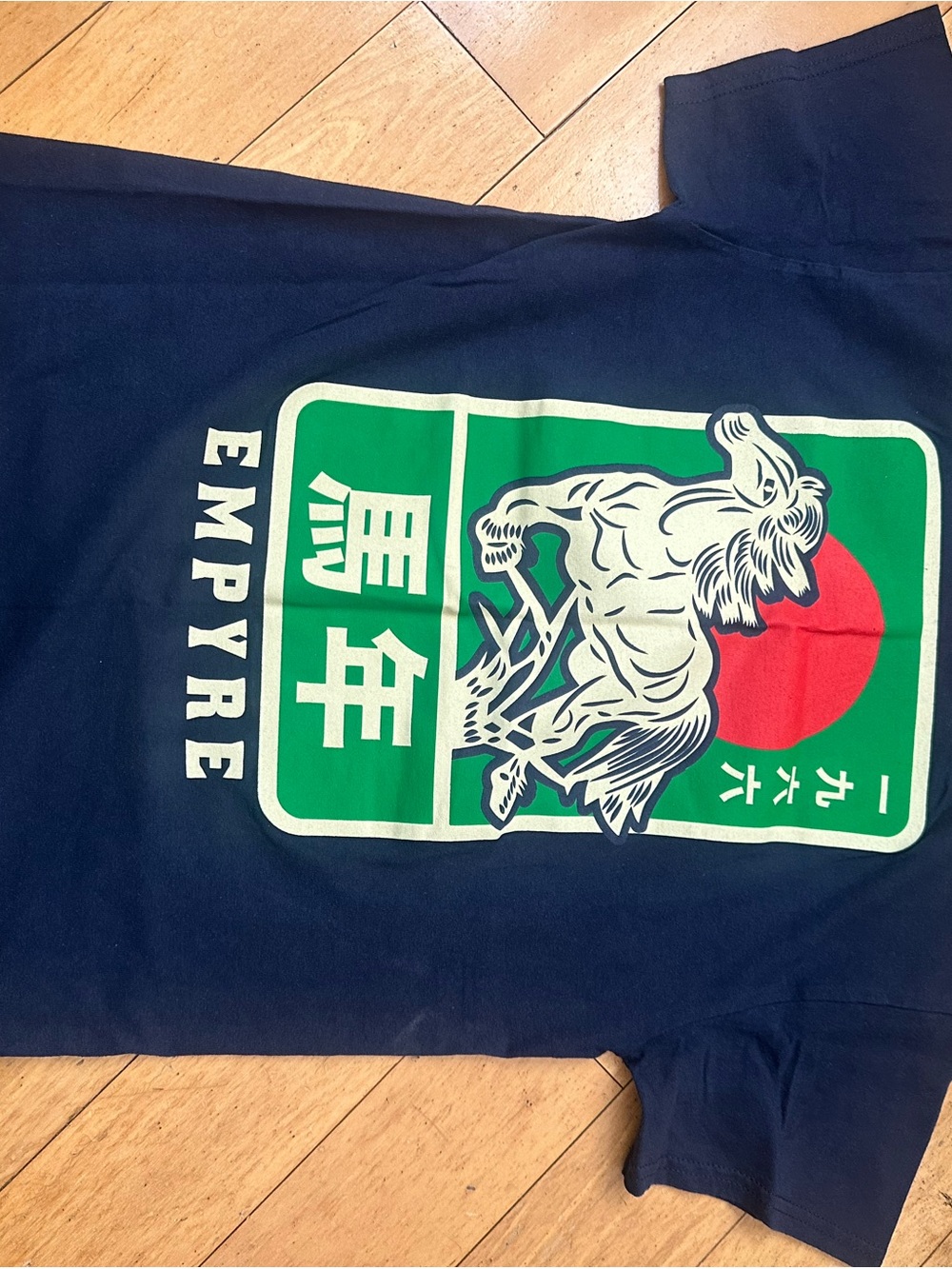 Graphic Navy Tee with Green, Red and White Oriental Motif